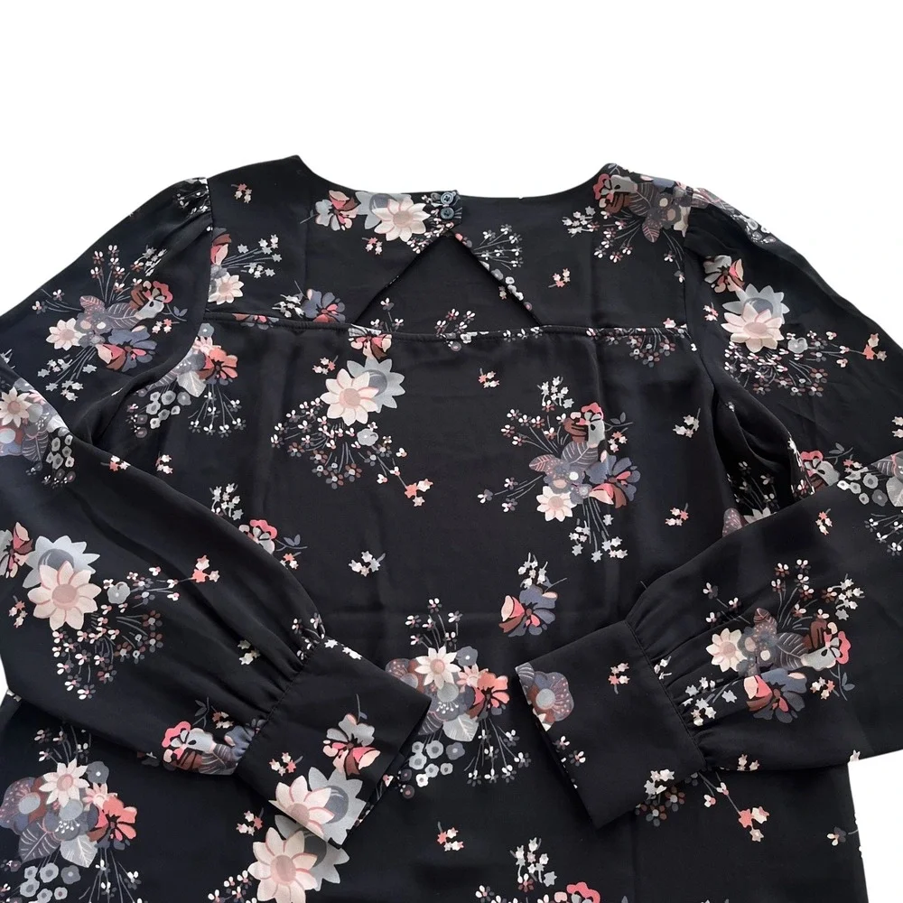 LOFT Women's S Black Pink Floral Bouquet Long Sleeve Cutout Casual Career Blouse